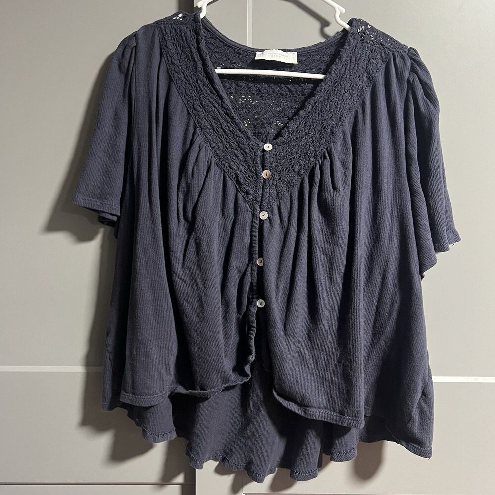 Lucky Brand Women Peasant Bohemian Lace Crochet Top Blue Large Flowy